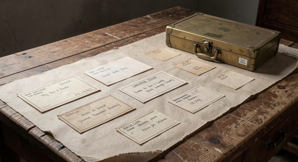 A timeline of dated catalog cards and a brass case on an archival table