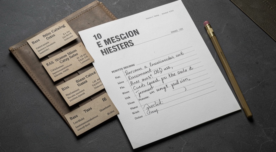 A printed price survey, a pencil and colour-tabbed catalogue cards on a desk