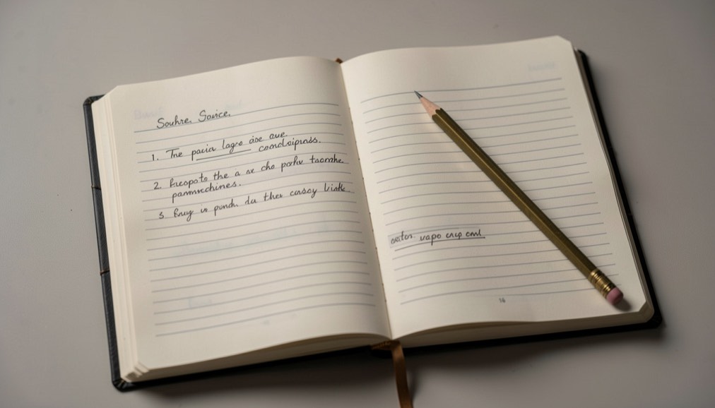 A wooden desk beside a window in daylight, an open notebook with a hand-drawn threadcount in coloured pencil, a folded square of tartan cloth and a