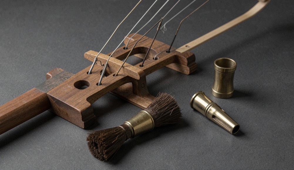 Upright bass bridge, snare brush and brass mouthpiece arranged for a Big Three Trio record note