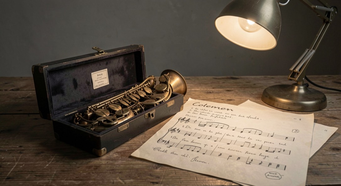 Alto saxophone reed box, handwritten score and studio lamp for Colemanology