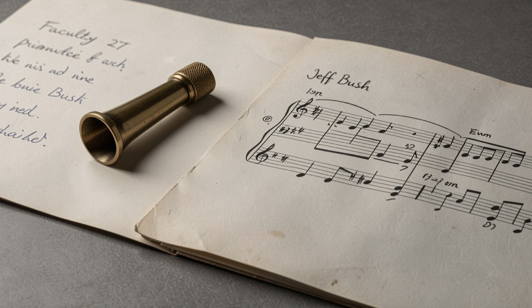 Trombone mouthpiece, faculty notes and a marked swing chart for Jeff Bush